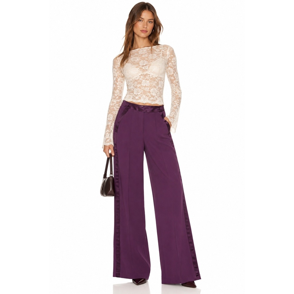 Simkhai Wide Leg Tuxedo Pants Purple Plum Satin Stripe 4 Flowy Dressy Flowy